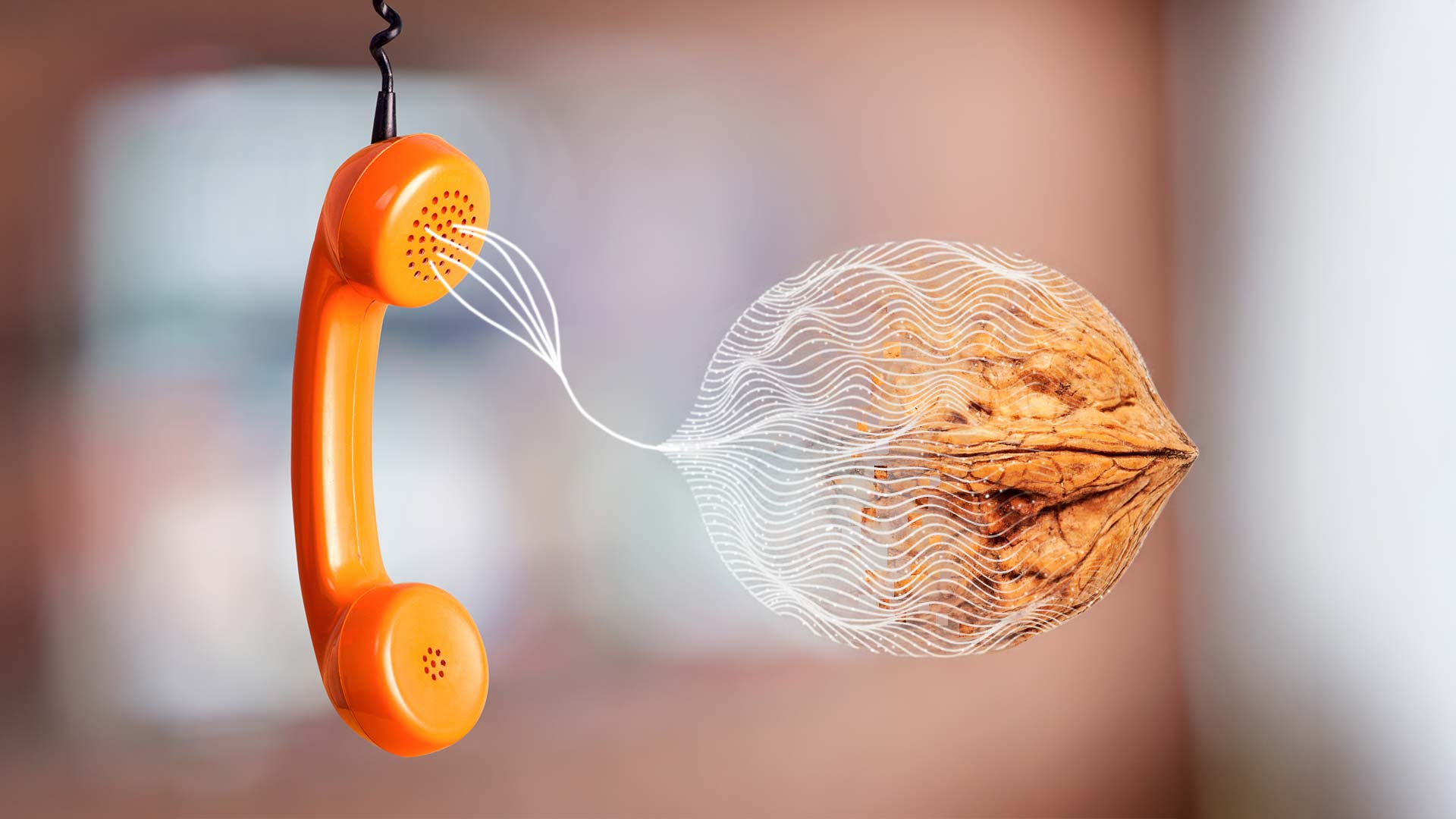 Schallwellen kommen aus einem Telefonhörer und formen eine Nuss